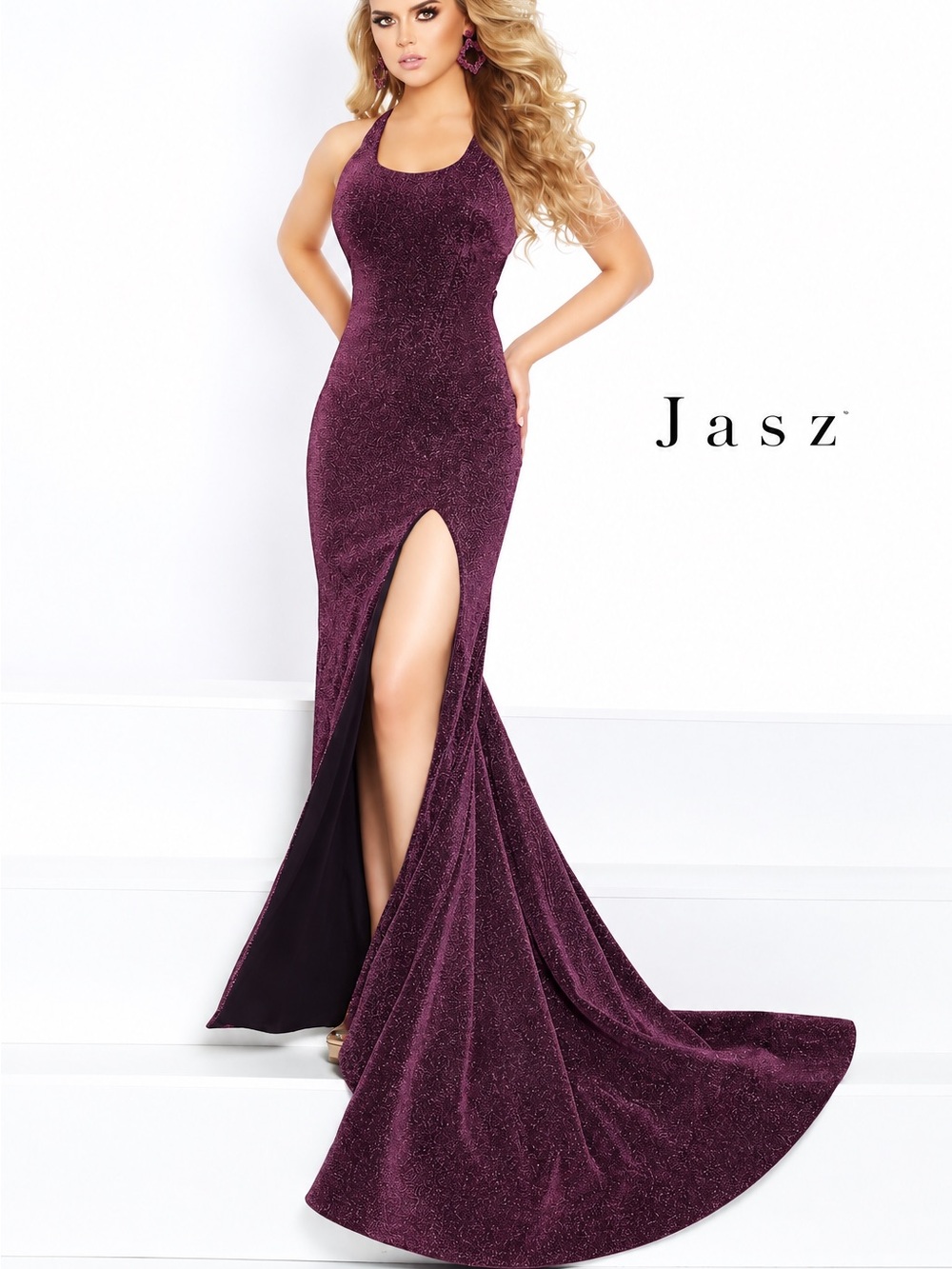 Jasz Plum Glitter Halter Maxi Gown with High Slit